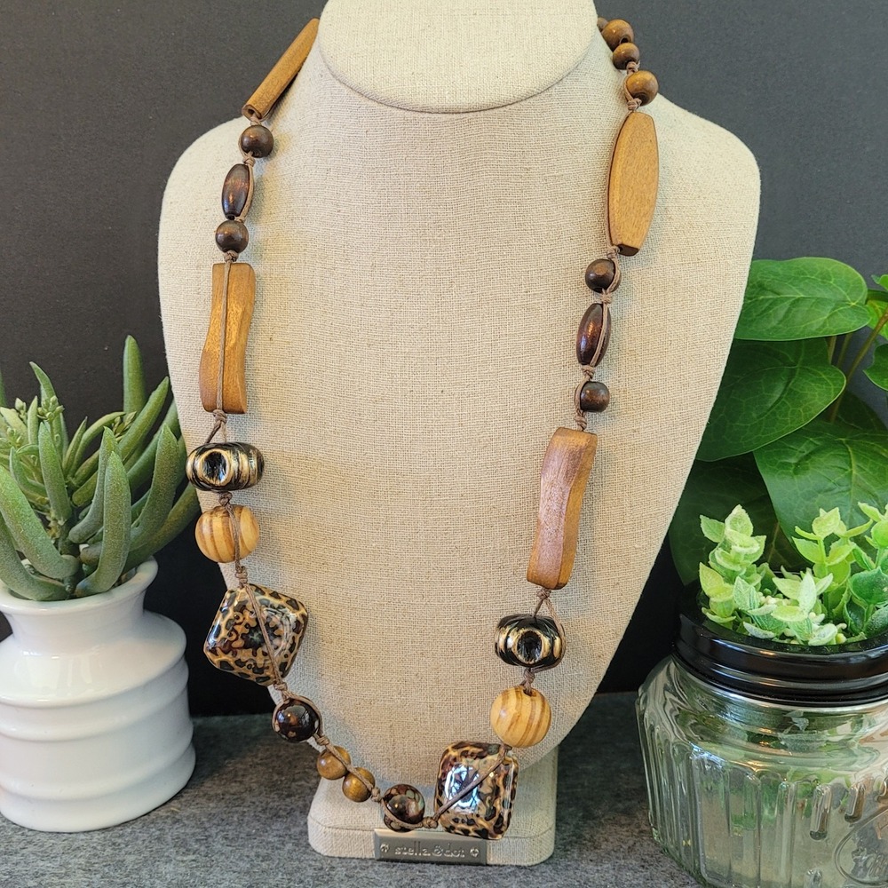 Cato C 1946 Wood Bead Statement Necklace Brown Boho Mixed Beads 24in